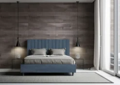 Letto 160x190 matrimoniale contenitore in microfibra con testiera effetto trapuntato blu LIT484