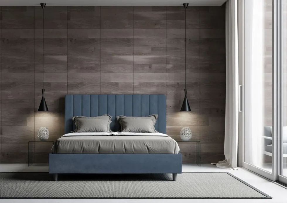 Letto 160x190 matrimoniale contenitore in microfibra con testiera effetto trapuntato blu LIT484