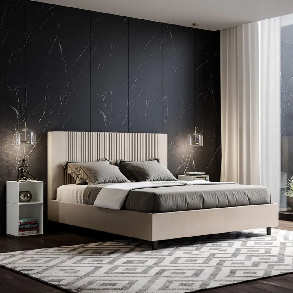 Letto 160x190 matrimoniale contenitore in similpelle e testiera linee verticali tortora LIT476