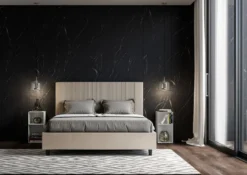 Letto 160x190 matrimoniale contenitore in similpelle e testiera linee verticali tortora LIT476