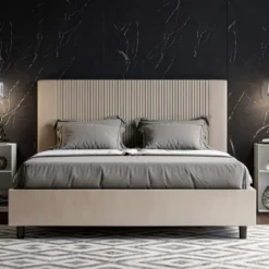 Letto 160x190 matrimoniale contenitore in similpelle e testiera linee verticali tortora LIT476
