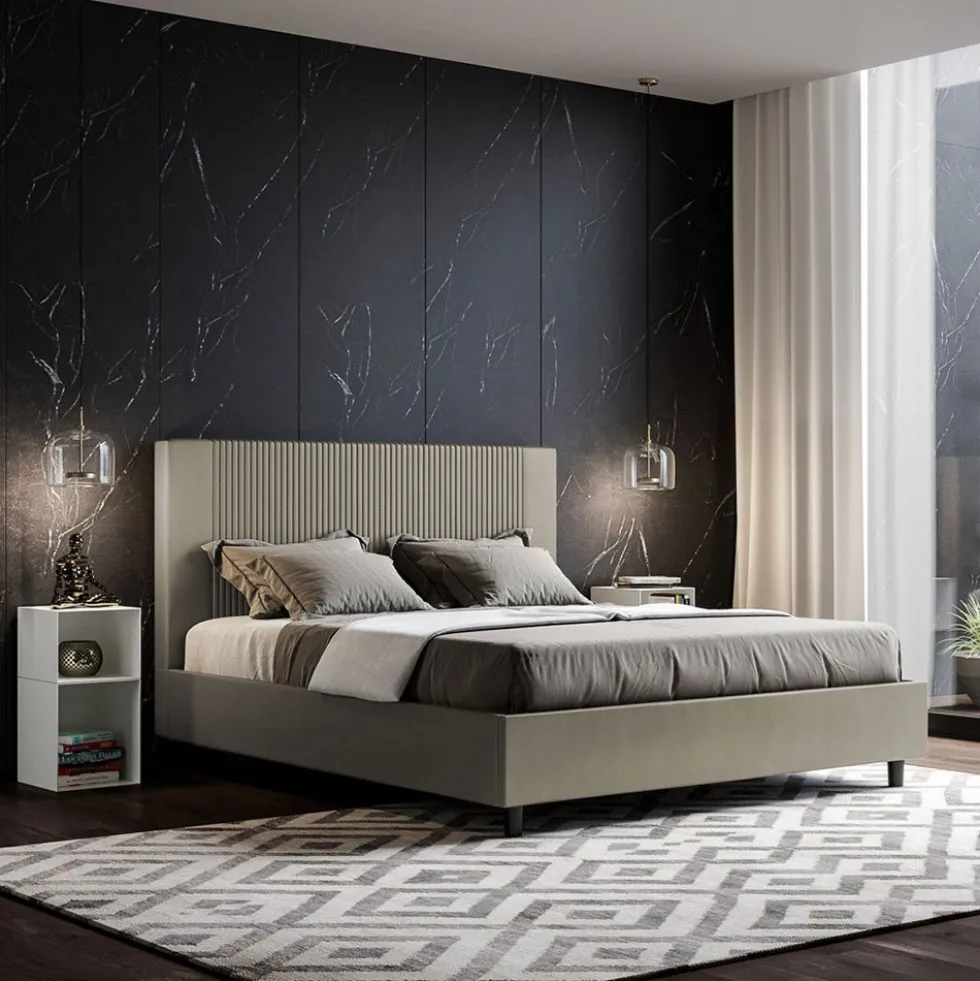 Letto 160x190 matrimoniale contenitore in similpelle e testiera linee verticali cappuccino LIT476