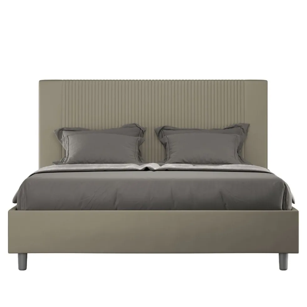 Letto 160x190 matrimoniale contenitore in similpelle e testiera linee verticali cappuccino LIT476
