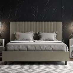 Letto 160x190 matrimoniale contenitore in similpelle e testiera linee verticali cappuccino LIT476