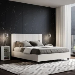 Letto 160x190 matrimoniale contenitore in similpelle e testiera linee verticali bianco LIT476
