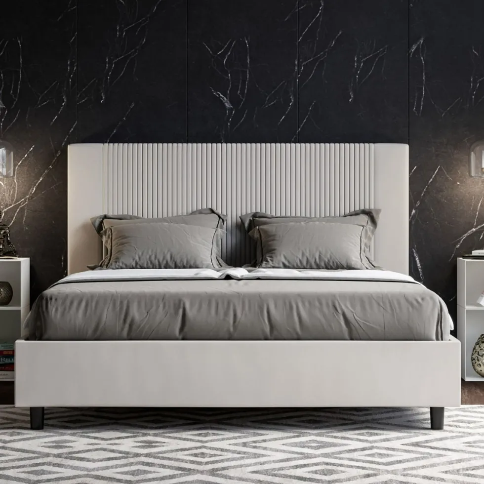 Letto 160x190 matrimoniale contenitore in similpelle e testiera linee verticali bianco LIT476