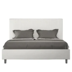 Letto 160x190 matrimoniale contenitore in similpelle e testiera linee verticali bianco LIT476