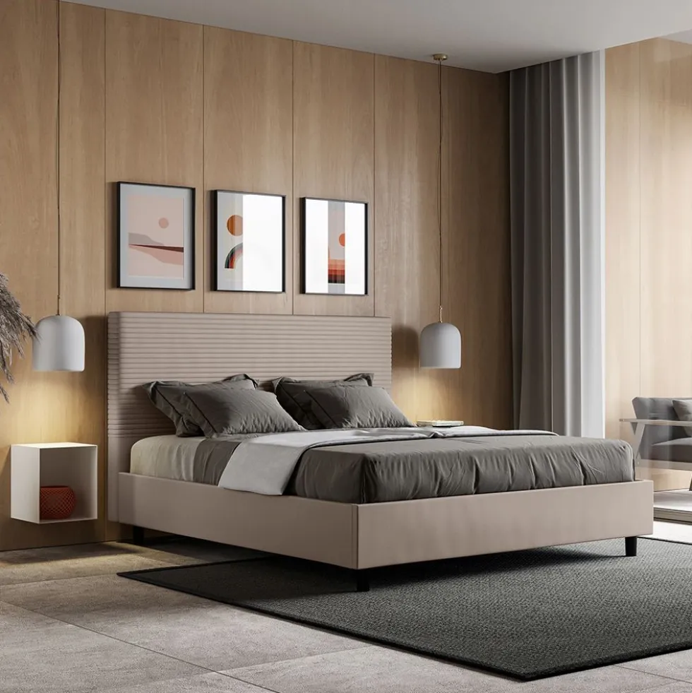 Letto 160x190 matrimoniale contenitore con testiera trapuntata linee orizzontali tortora LIT458