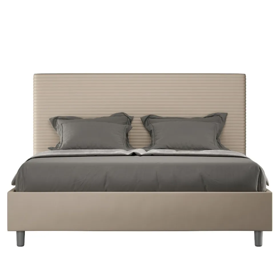 Letto 160x190 matrimoniale contenitore con testiera trapuntata linee orizzontali tortora LIT458