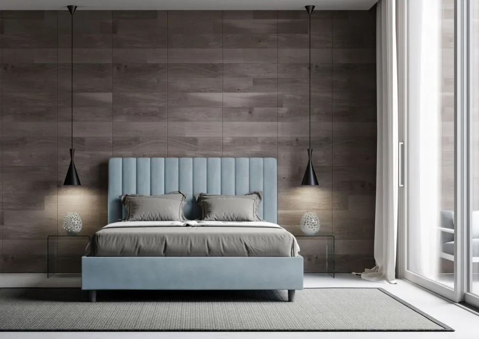 Letto 160x190 matrimoniale contenitore in microfibra con testiera effetto trapuntato azzurro LIT484