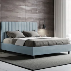 Letto 160x190 matrimoniale contenitore in microfibra con testiera effetto trapuntato azzurro LIT484