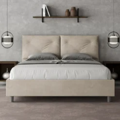 Letto 160x190 matrimoniale con testiera imbottita con tre bottoni microfibra sabbia beige LIT435
