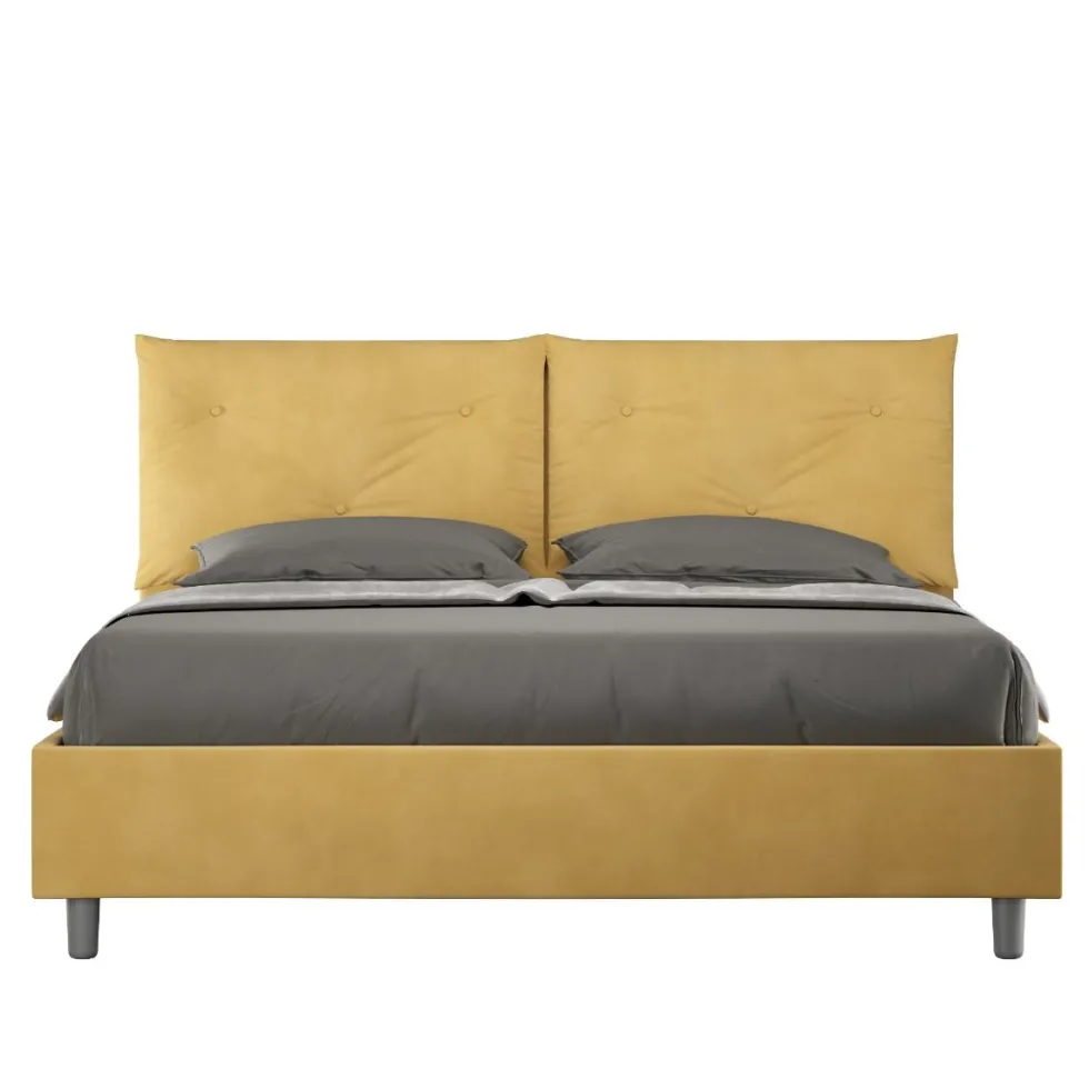 Letto 160x190 matrimoniale con testiera imbottita con tre bottoni microfibra ocra LIT435