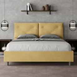 Letto 160x190 matrimoniale con testiera imbottita con tre bottoni microfibra ocra LIT435
