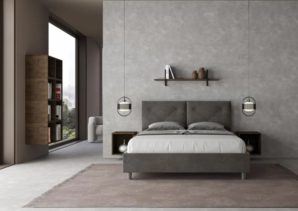 Letto 160x190 matrimoniale con testiera imbottita con tre bottoni microfibra grigio LIT435