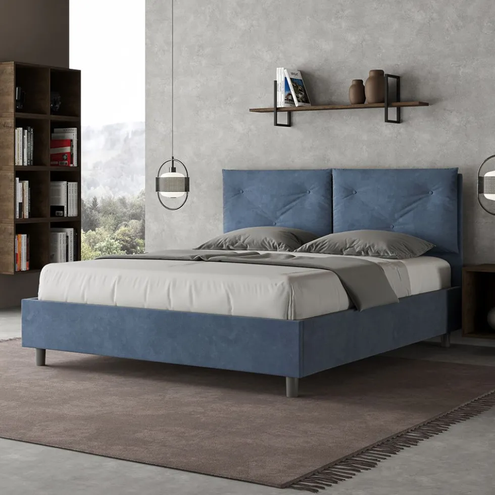 Letto 160x190 matrimoniale con testiera imbottita con tre bottoni microfibra blu LIT435