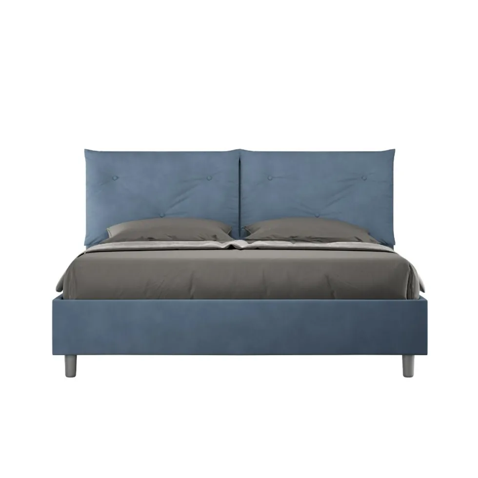 Letto 160x190 matrimoniale con testiera imbottita con tre bottoni microfibra blu LIT435