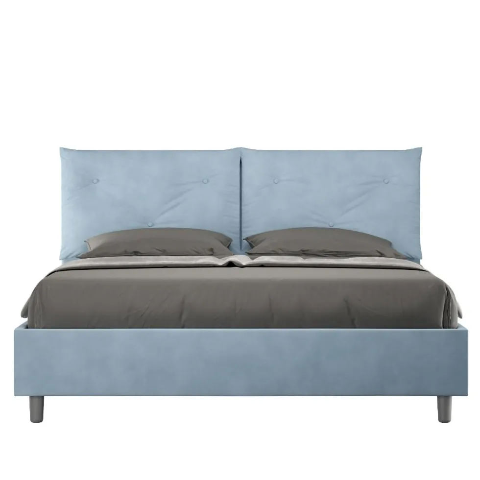 Letto 160x190 matrimoniale con testiera imbottita con tre bottoni microfibra azzurro LIT435