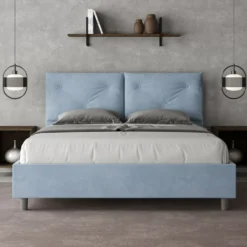 Letto 160x190 matrimoniale con testiera imbottita con tre bottoni microfibra azzurro LIT435