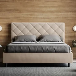 Letto 160x200 matrimoniale con testiera trapuntata design a rombo con bottoni tortora LIT471
