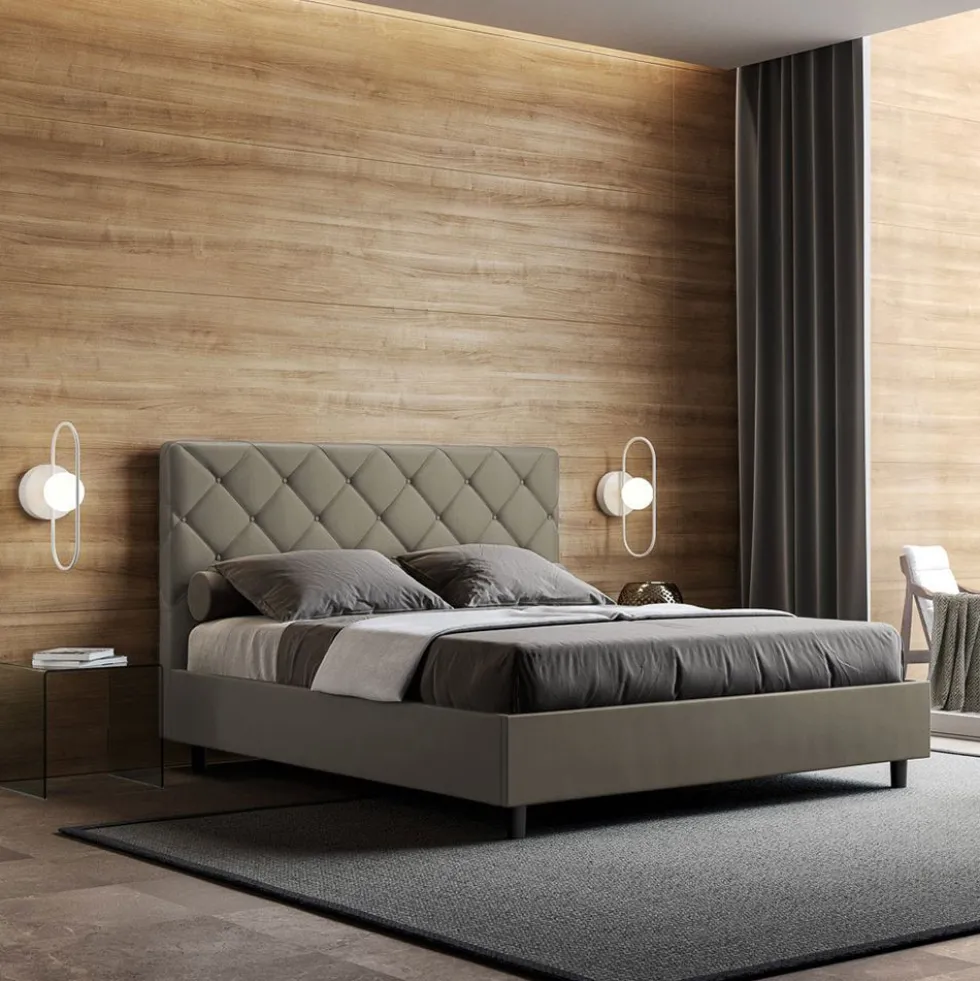 Letto 160x190 matrimoniale con testiera trapuntata design a rombo con bottoni cappuccino LIT469