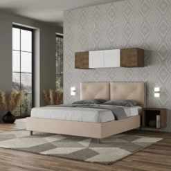 Letto 160x200 matrimoniale con testiera imbottita con tre bottoni similpelle tortora LIT437