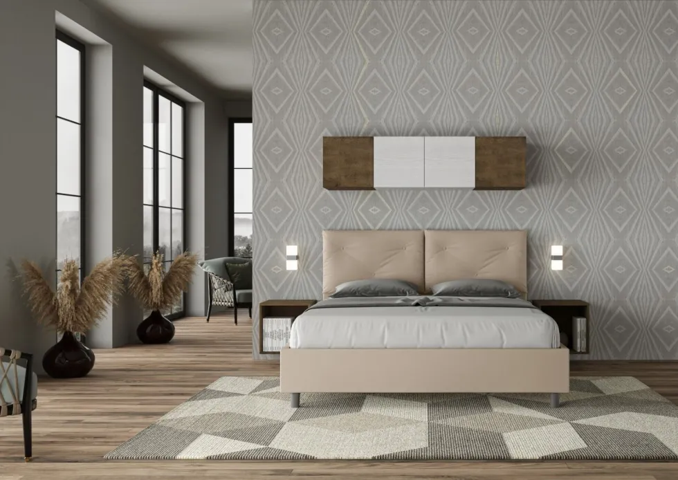 Letto 160x200 matrimoniale con testiera imbottita con tre bottoni similpelle tortora LIT437