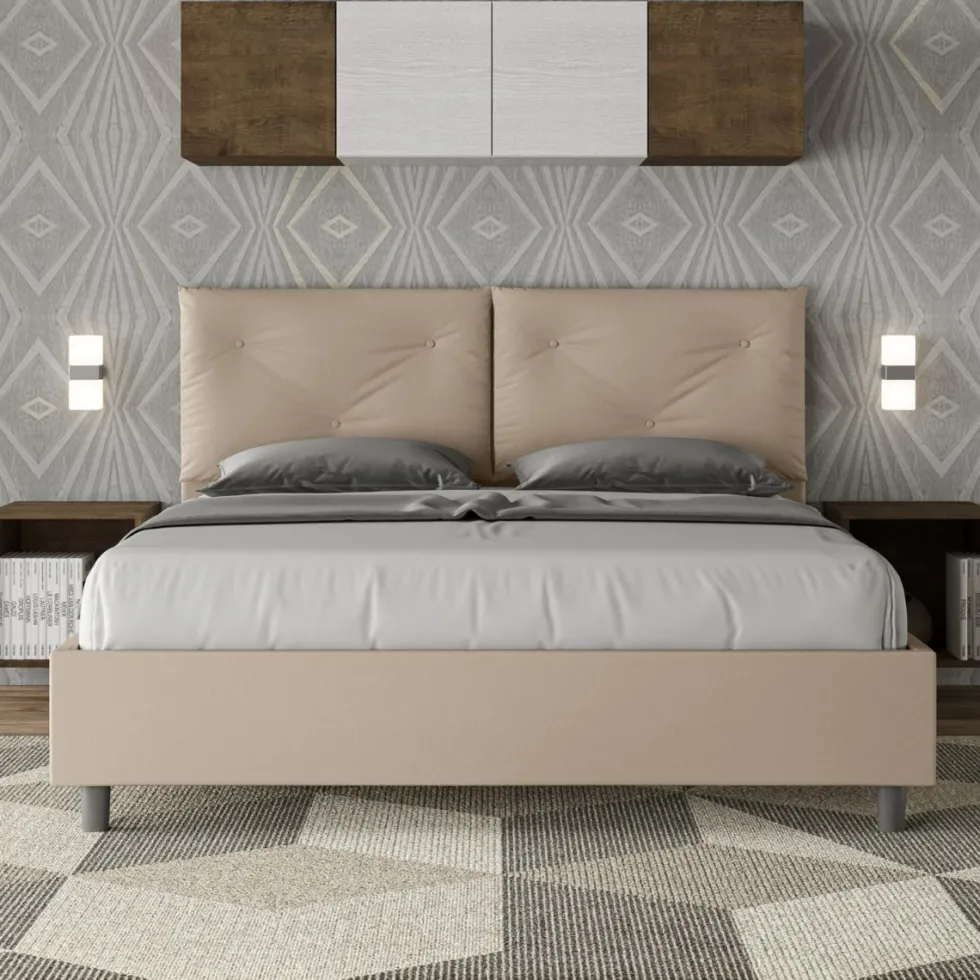 Letto 160x200 matrimoniale con testiera imbottita con tre bottoni similpelle tortora LIT437