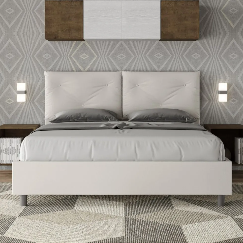 Letto 160x200 matrimoniale con testiera imbottita con tre bottoni similpelle bianco LIT437