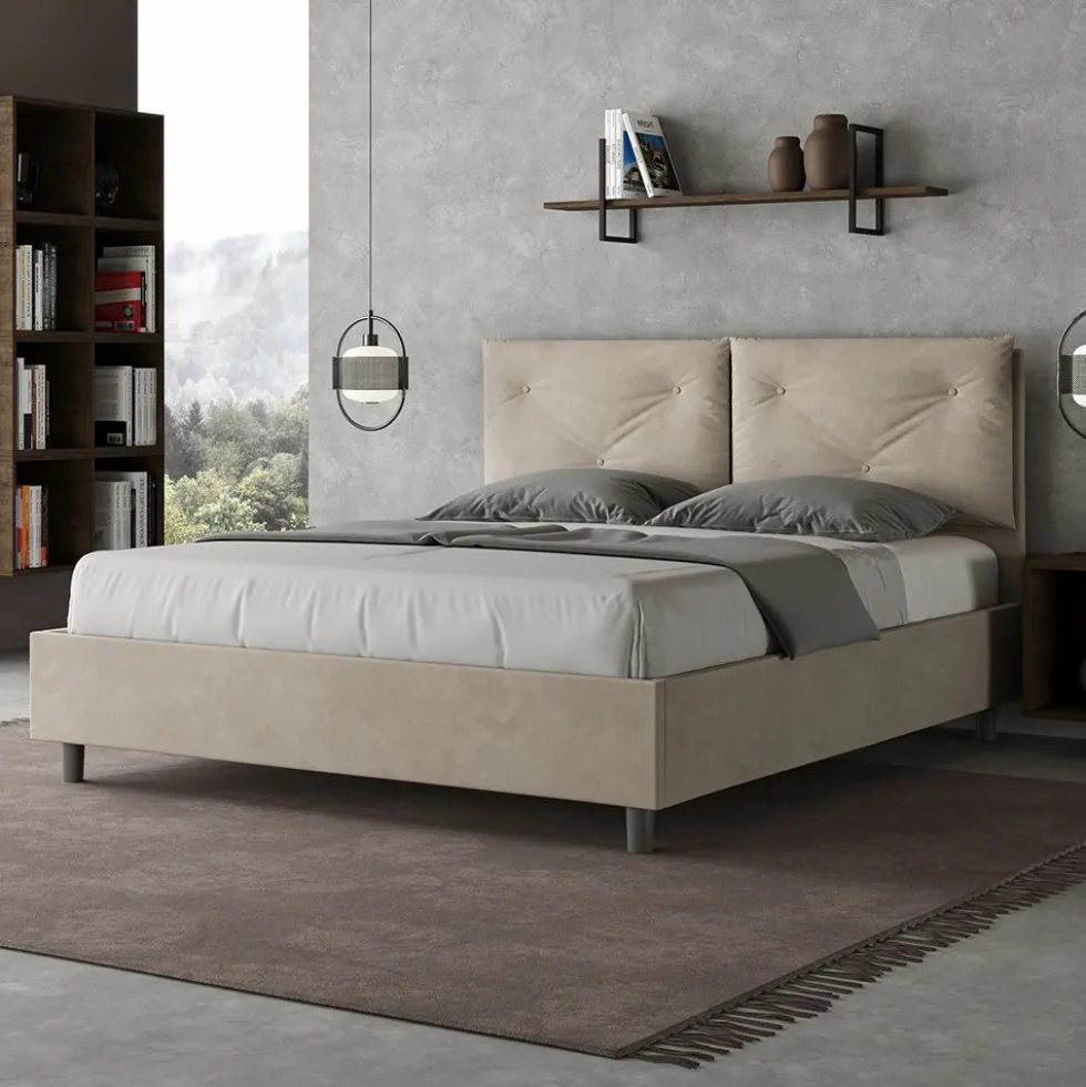 Letto 160x200 matrimoniale con testiera imbottita con tre bottoni microfibra sabbia beige LIT439