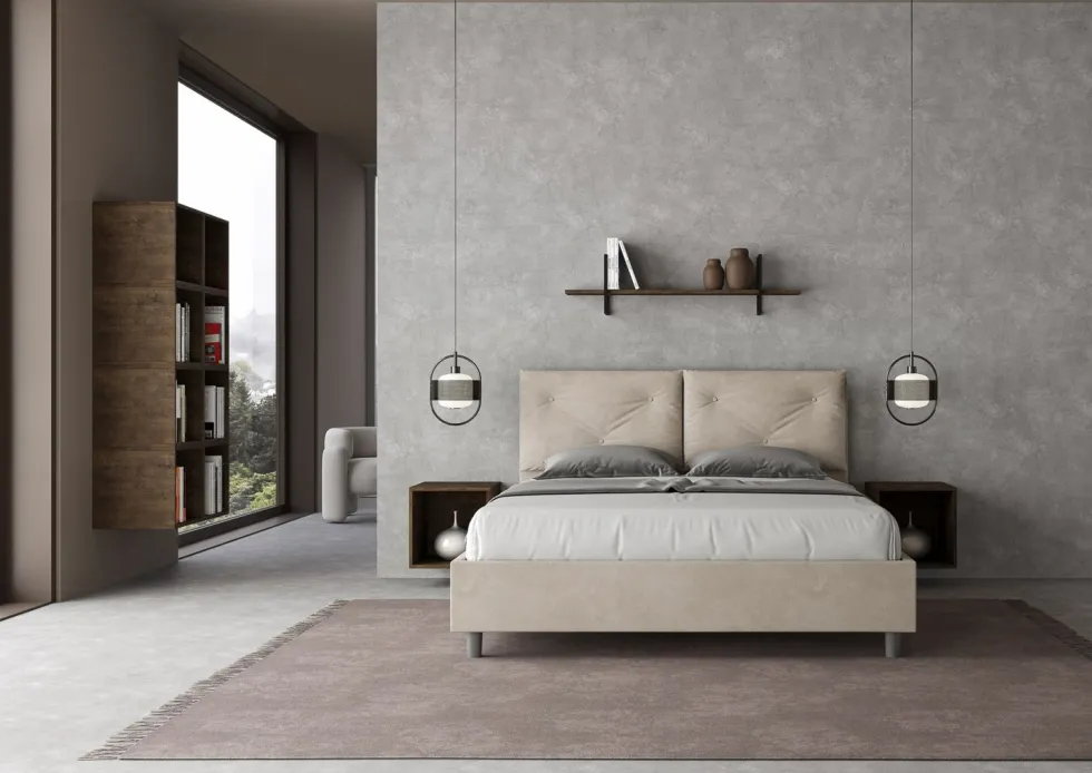 Letto 160x200 matrimoniale con testiera imbottita con tre bottoni microfibra sabbia beige LIT439