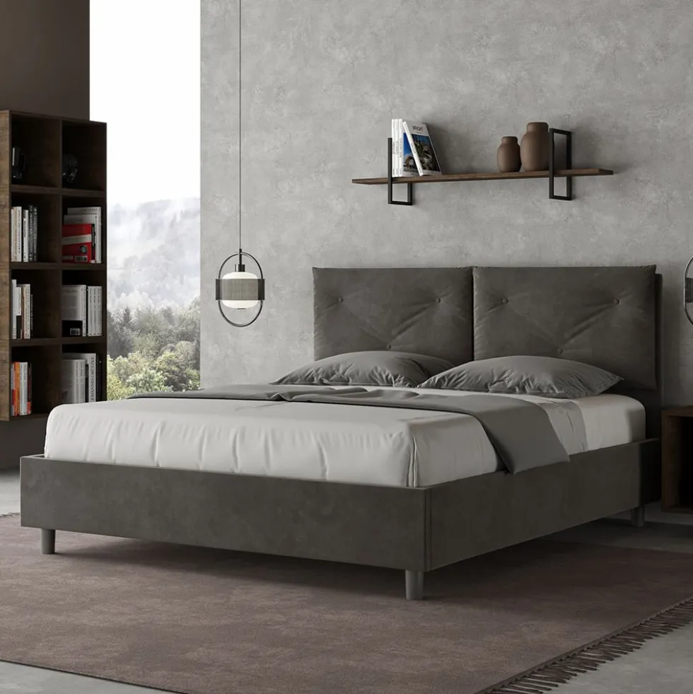 Letto 160x200 matrimoniale con testiera imbottita con tre bottoni microfibra grigio LIT439