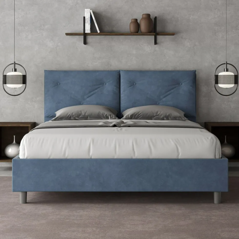 Letto 160x200 matrimoniale con testiera imbottita con tre bottoni microfibra blu LIT439