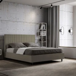 Letto 160x190 matrimoniale con testiera a quadretti in similpelle cappuccino LIT463