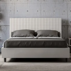 Letto 160x190 matrimoniale con testiera a quadretti in similpelle bianco LIT463