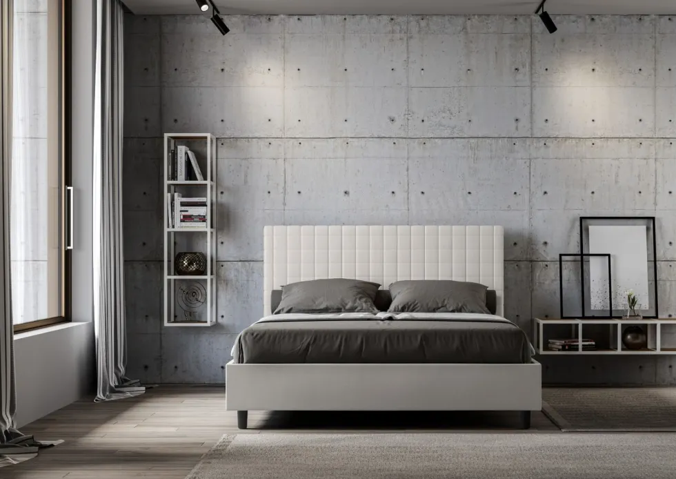 Letto 160x200 matrimoniale con testiera a quadretti in similpelle bianco LIT465