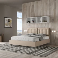 Letto 160x210 matrimoniale design trapuntato con testiera imbottita e bottoni tortora LIT431
