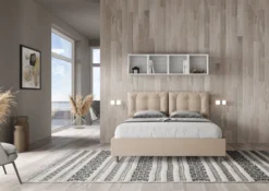 Letto 160x190 matrimoniale design trapuntato con testiera imbottita e bottoni tortora LIT427