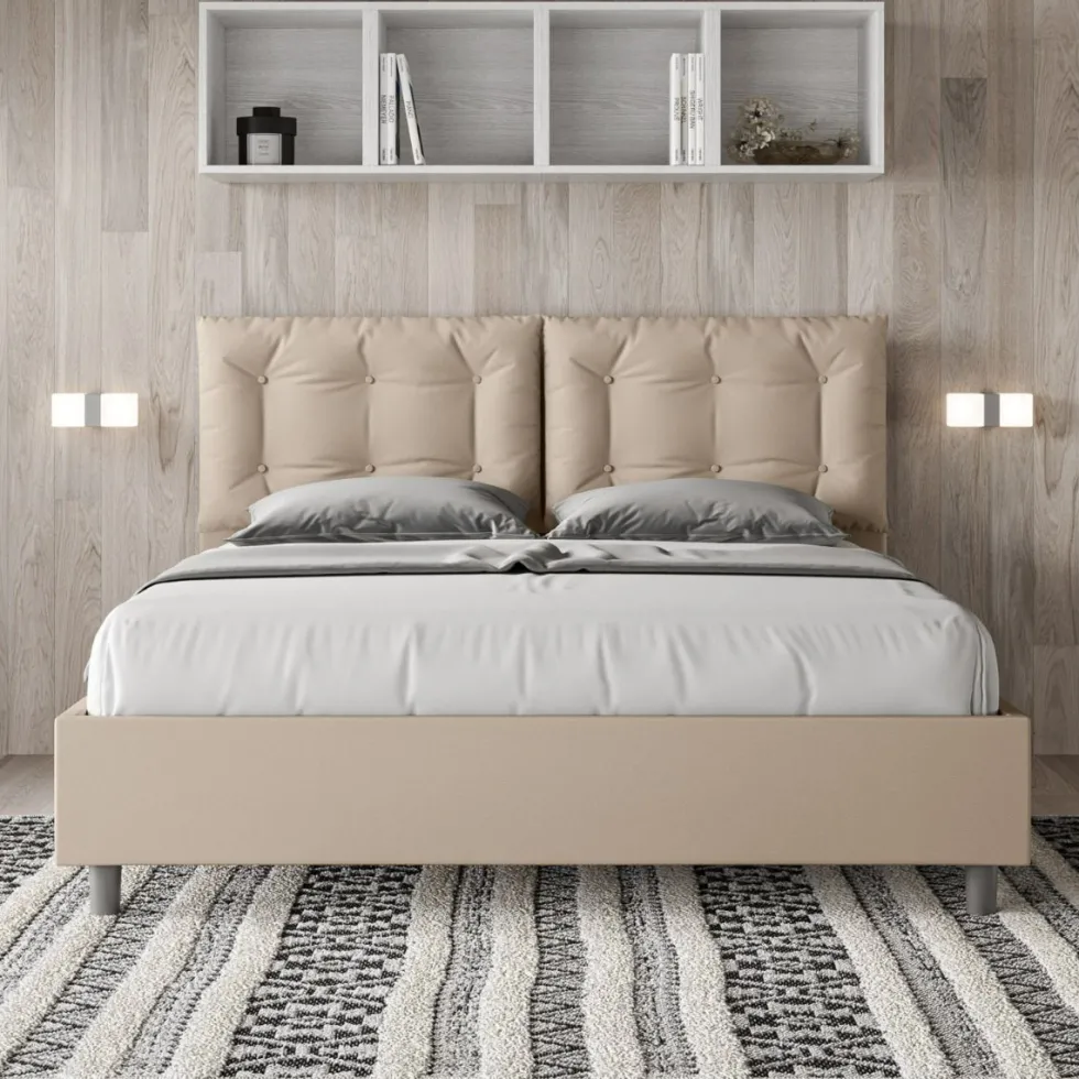 Letto 160x190 matrimoniale design trapuntato con testiera imbottita e bottoni tortora LIT427