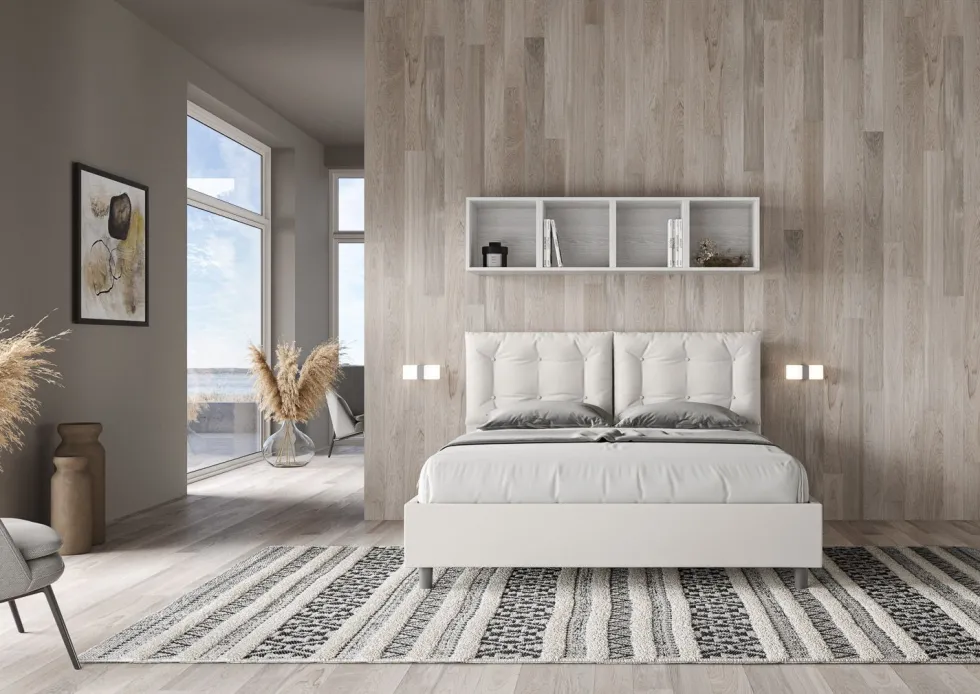 Letto 160x190 matrimoniale design trapuntato con testiera imbottita e bottoni bianco LIT427
