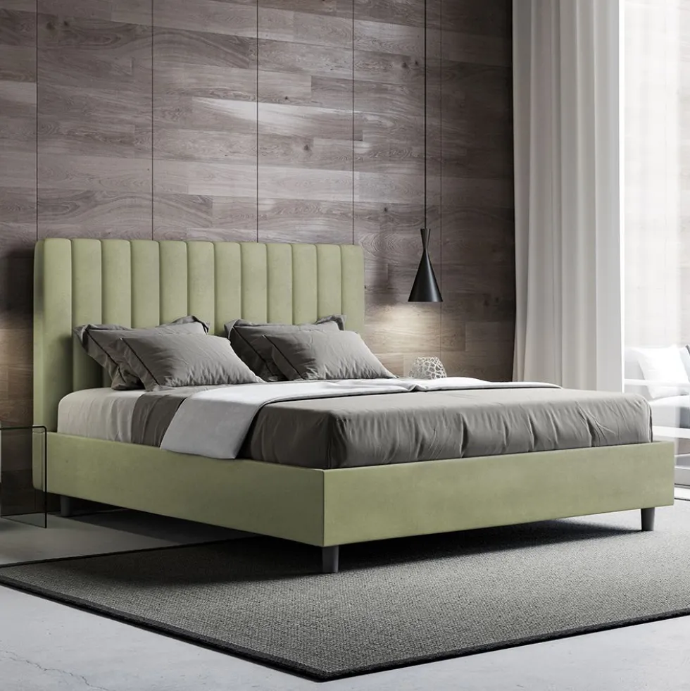 Letto 160x190 matrimoniale in microfibra con testiera effetto trapuntato tè verde LIT483