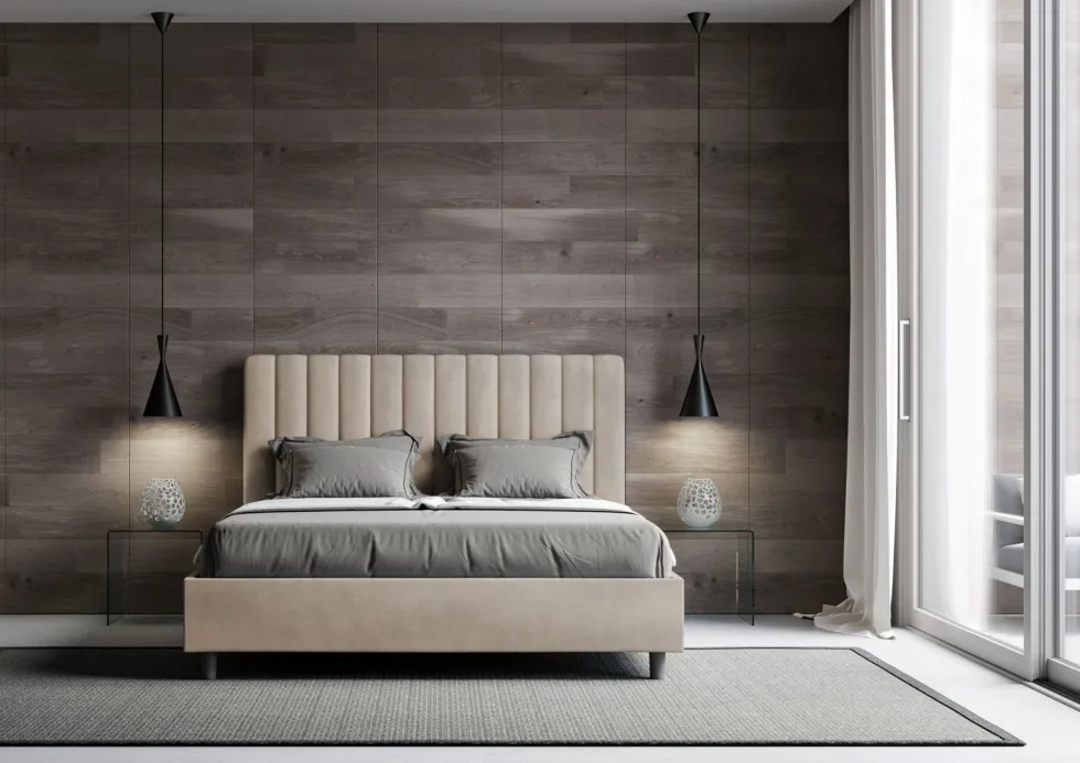Letto 160x190 matrimoniale in microfibra con testiera effetto trapuntato sabbia beige LIT483