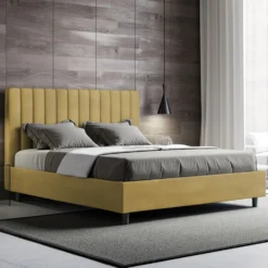 Letto 160x190 matrimoniale in microfibra con testiera effetto trapuntato ocra LIT483