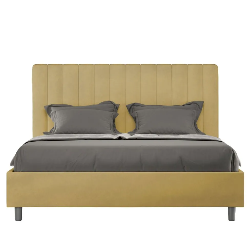 Letto 160x190 matrimoniale in microfibra con testiera effetto trapuntato ocra LIT483