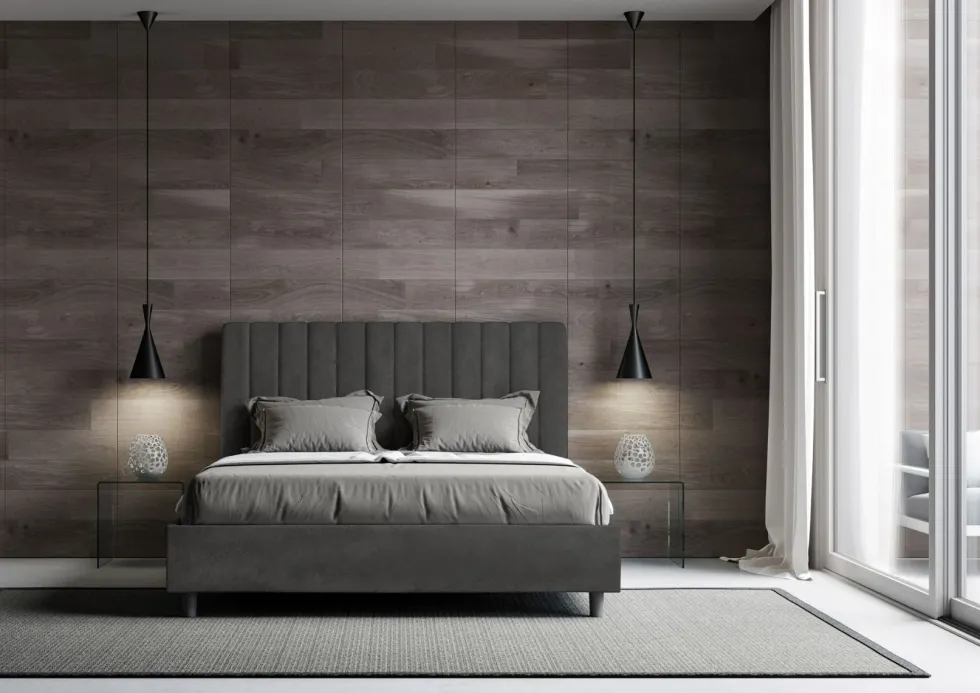 Letto 160x190 matrimoniale in microfibra con testiera effetto trapuntato grigio LIT483