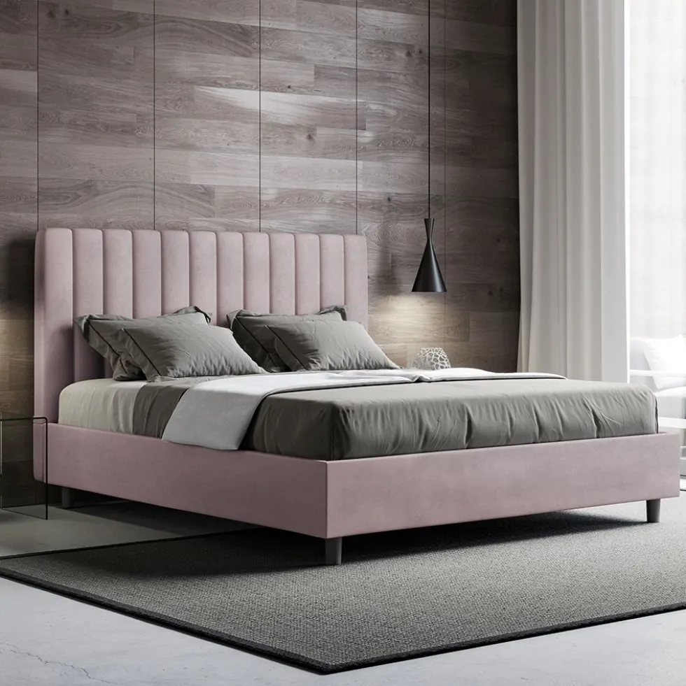 Letto 160x190 matrimoniale in microfibra con testiera effetto trapuntato glicine lilla LIT483