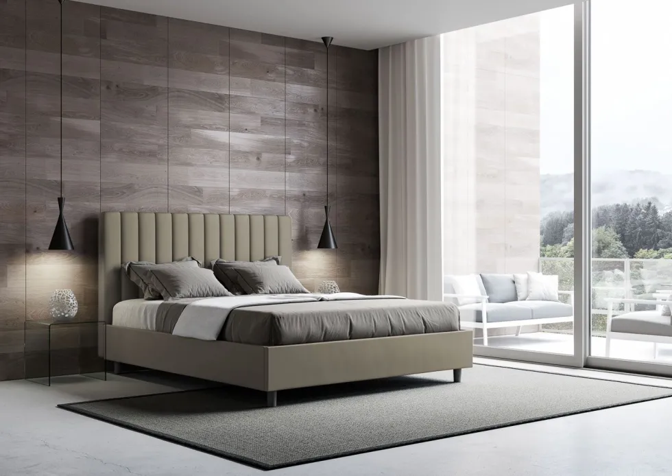 Letto 160x210 matrimoniale in similpelle con testiera effetto trapuntato cappuccino LIT489