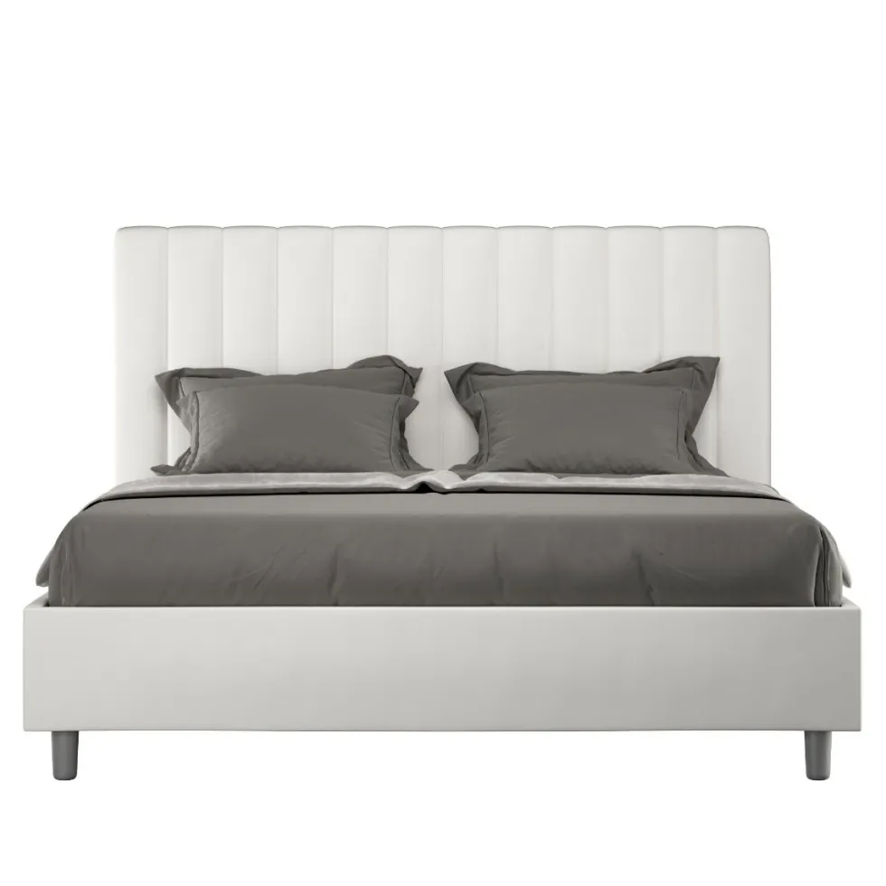 Letto 160x210 matrimoniale in similpelle con testiera effetto trapuntato bianco LIT489