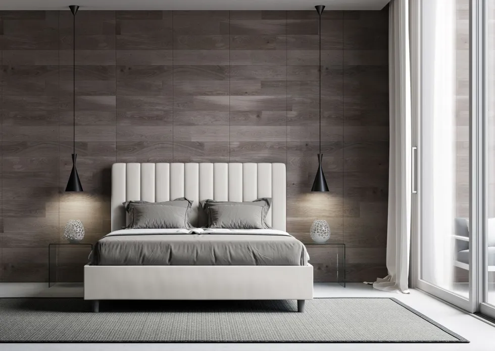 Letto 160x210 matrimoniale in similpelle con testiera effetto trapuntato bianco LIT489