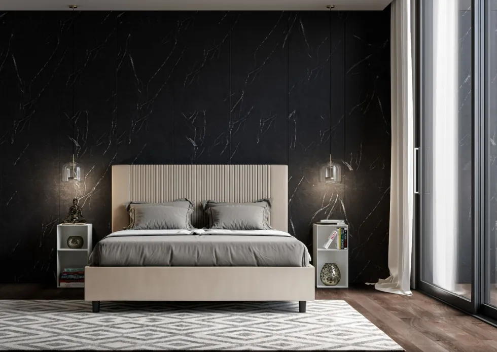 Letto 160x200 matrimoniale in similpelle e testiera linee verticali tortora LIT477